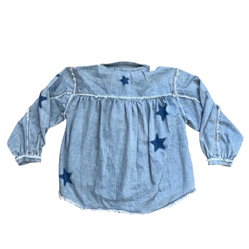 POL Star Patch Raw Hem Denim Shirt Jacket Light Wash Blue Large boho preppy - Picture 3 of 8